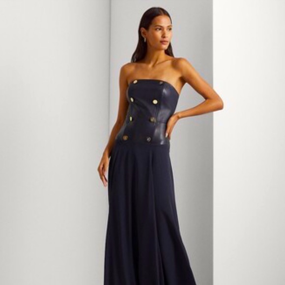 NWT Lauren Ralph Lauren Navy Blue Leather Georgette Strapless Gown, Size 4 - Picture 1 of 9